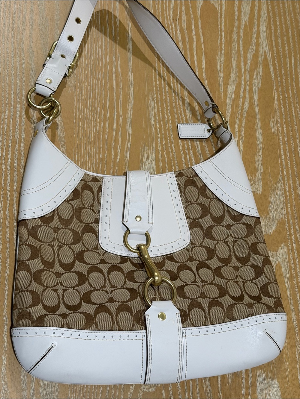 Coach Tan Signature Canvas Hobo with White Leather Trim